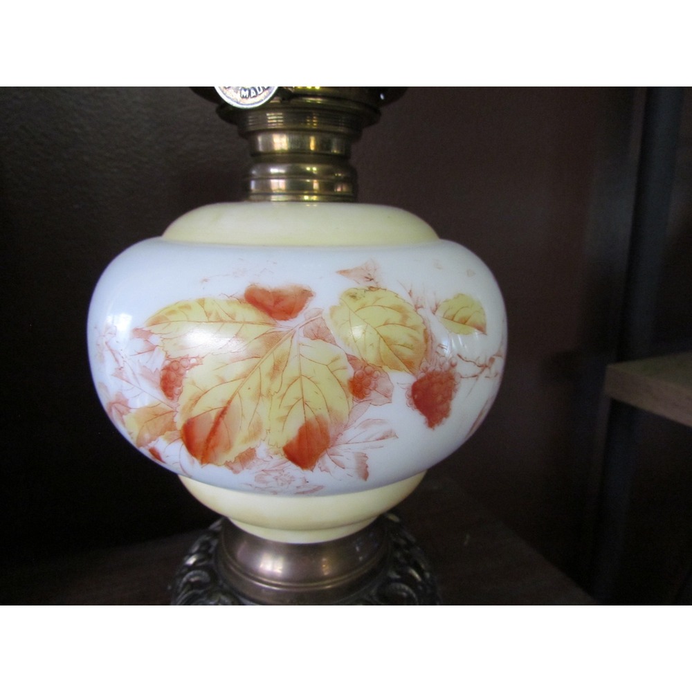 Vintage Oil Lamp with Hand Painted Floral Frosted Glass Shade Ornate Base - Picture 2 of 5